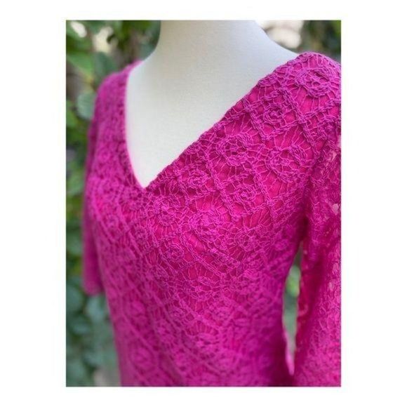 Vintage Crotchet Lace Fuschia Top Shirt 3/4 Sleeve - Picture 11 of 15